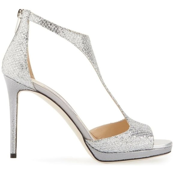 $900 JIMMY CHOO Lana Sandal GLITTER SILVER T-STRAPS 100MM PLATFORM 37.5 (B27) - Picture 2 of 11